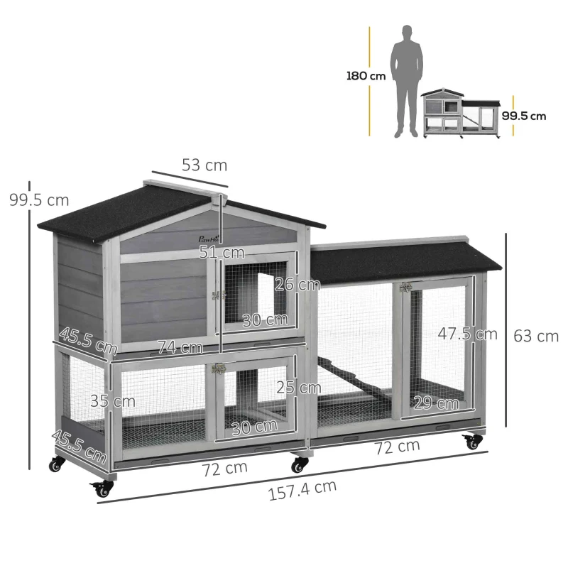PawHut Two-Tier Rabbit Hutch Outdoor and Run Wooden Mobile Guinea Pig Hutch Bunny Cage w/ Wheels, Run, Slide-Out Tray, Ramp 157.4 x 53 x 99.5 cm, Light Grey(m-3)