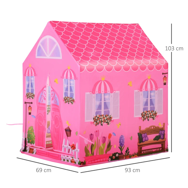 HOMCOM Kinderspielhaus Prinzessin Spielzelt Hausmuster 2 Türen ab 3 Jahren Rollenspiel Polyester Rosa 93 x 69 x 103 cm