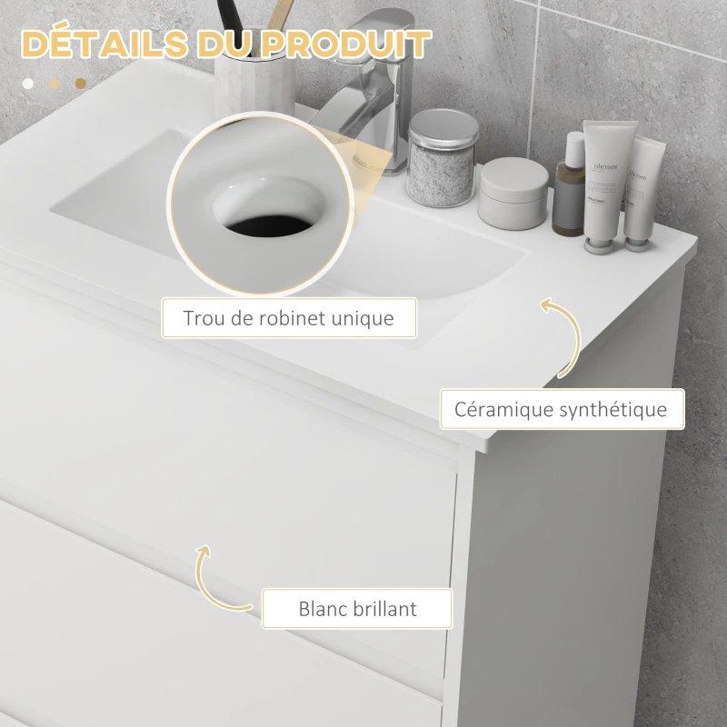 kleankin Meuble de salle de bain avec 2 tiroirs et vasque en céramique de synthèse 61 x 37 x 88 cm blanc brillant laqué