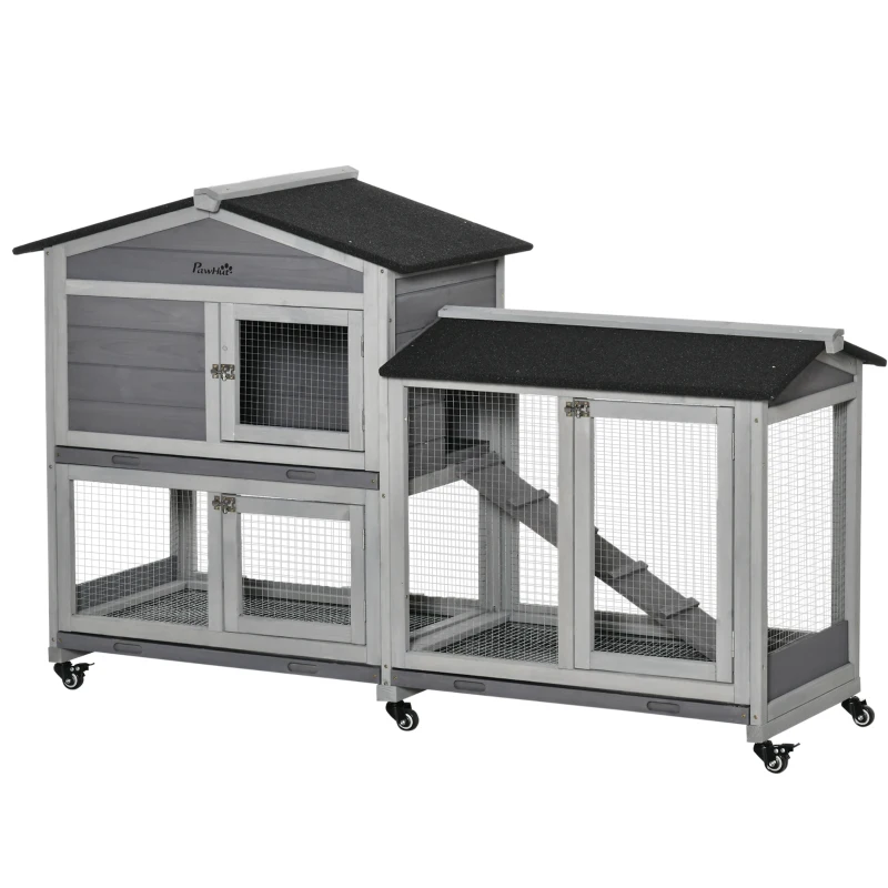PawHut Two-Tier Rabbit Hutch Outdoor and Run Wooden Mobile Guinea Pig Hutch Bunny Cage w/ Wheels, Run, Slide-Out Tray, Ramp 157.4 x 53 x 99.5 cm, Light Grey(m-11)