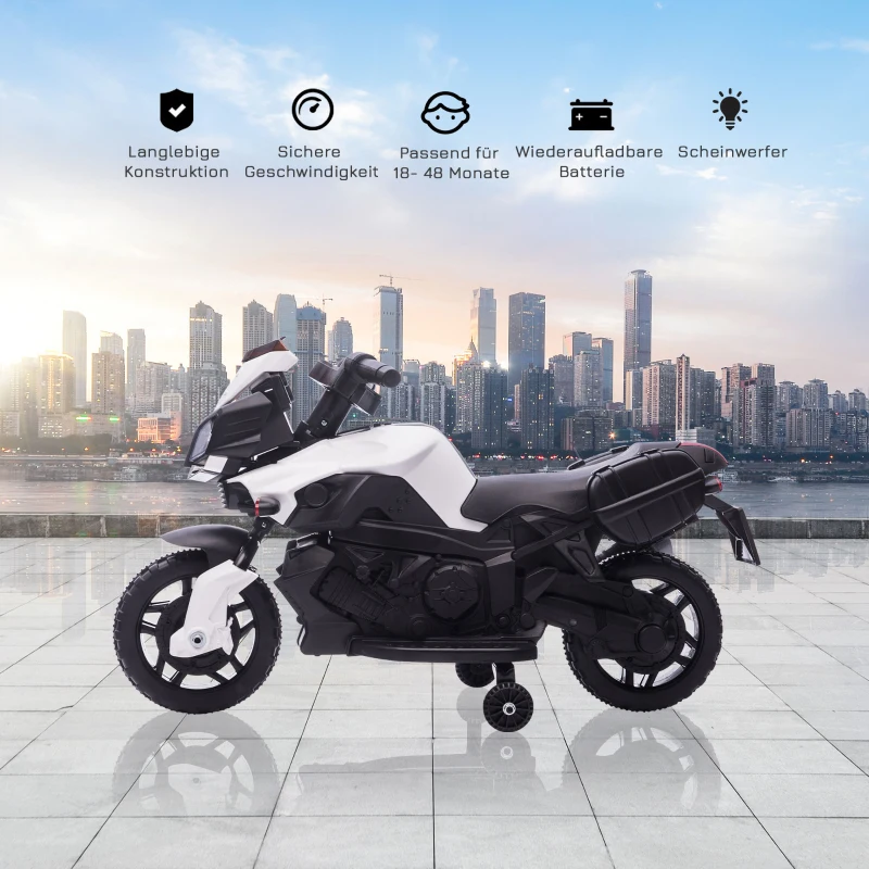 HOMCOM Elektromotorrad Kinderelektroauto Elektro-Kindermotorrad Kinderfahrzeug 6V LED-Licht simuliertes Motorgeräusch Metall+PP Schwarz+Weiß 88,5x 42,5x49 cm