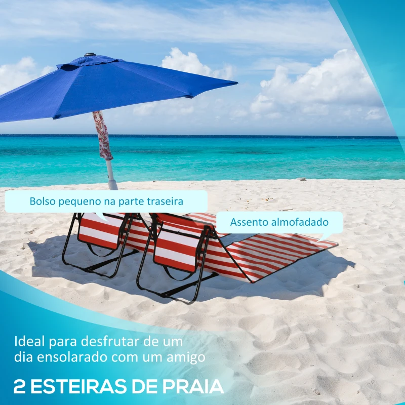 Outsunny Conjunto de 2 Esteiras de Praia Dobrável Esteiras Acolchoadas com Encosto Reclinável  142x51x40 cm Branco e Vermelho