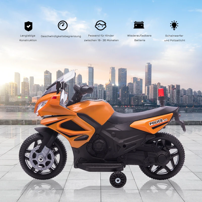 HOMCOM Kinder Polizei Elektromotorrad Polizeimotorrad Elektroauto Kinderwagen für 18 bis 36 Monaten mit 2 Scheinwerfer Polizeilichter Elektroquad Orange+Schwarz 69 x 39 x 43 cm