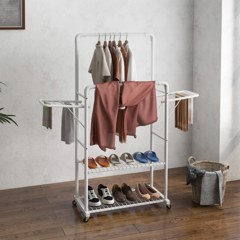 HOMCOM Charriot de Roupa com Rodas com 2 Laterais Dobáveis 2 Trilhos e 2 Prateleiras de Armazenamento 153x43,7x171 cm Branco