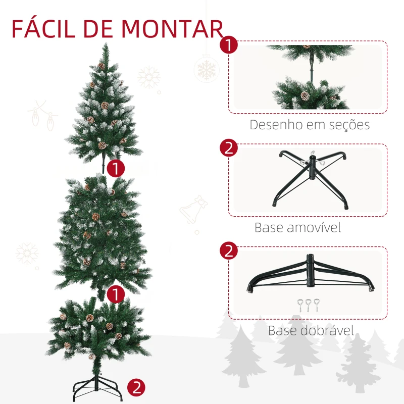 HOMCOM Árvore de Natal Artificial Nevada 180 cm com 508 Ramos 49 Pinhas Base Dobrável e Suporte de Aço Ø73x180 cm Verde e Branco