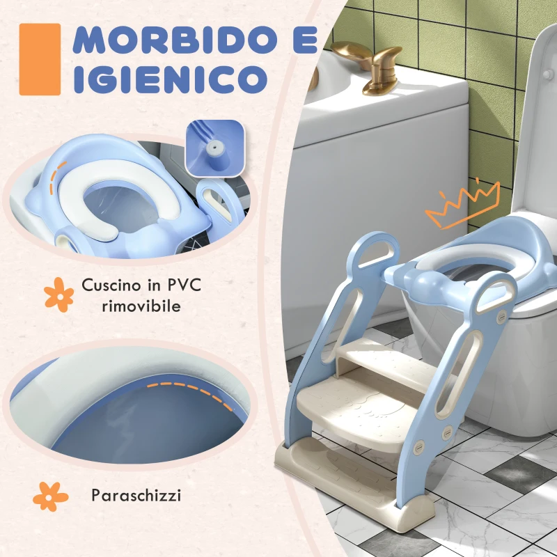 ZONEKIZ Riduttore Water con Scaletta Pieghevole, Maniglie Laterali e Cuscino Rimovibile, 67.9x42.8x51.5 cm, Azzurro