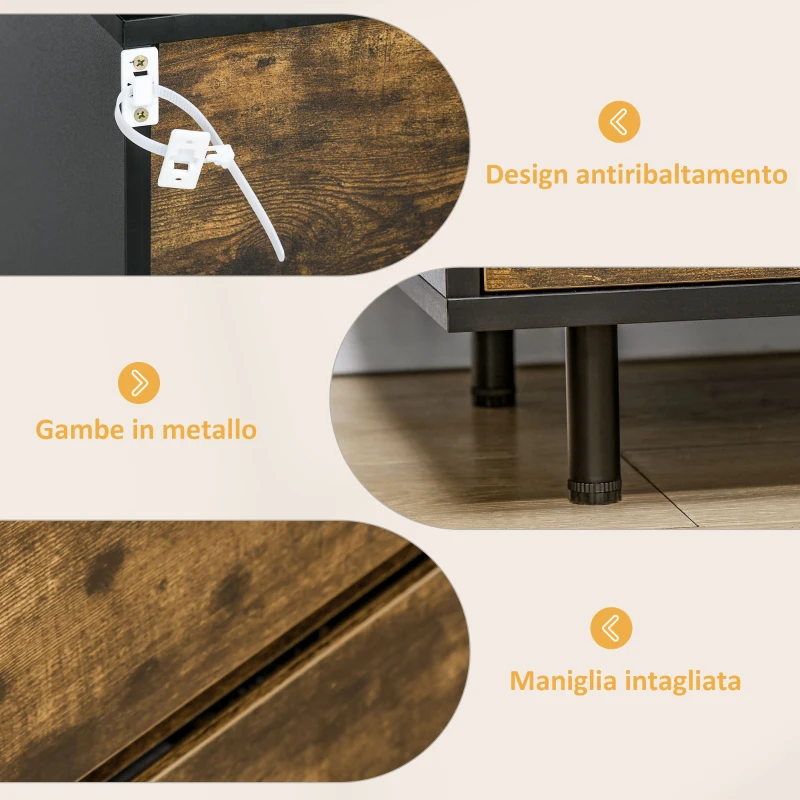 HOMCOM Cassettiera con 3 Cassetti in Truciolato dallo Stile rustico, 60x45x75cm, Marrone e nero