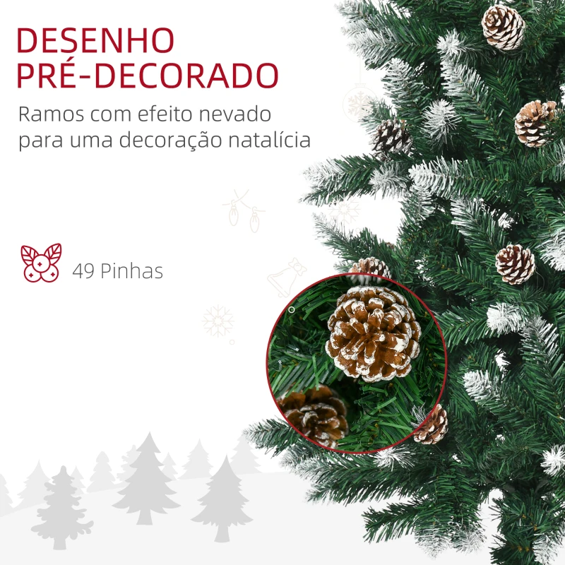 HOMCOM Árvore de Natal Artificial Nevada 180 cm com 508 Ramos 49 Pinhas Base Dobrável e Suporte de Aço Ø73x180 cm Verde e Branco