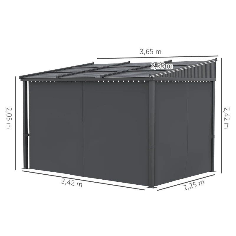 Outsunny Altana ogrodowa, Altanka, z przesuwnym dachem, z zasłonami, Rama aluminiowa, ciemnoszary, 3,65 x 2,55 x 2,05 m