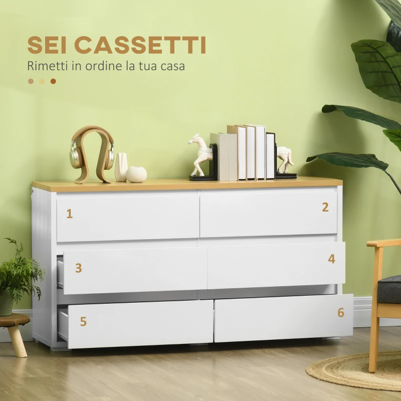 HOMCOM Cassettiera 6 Cassetti Moderna in Truciolato per Camera da Letto e Ingresso, 140x37x75cm