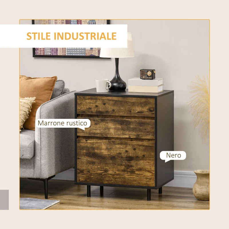 HOMCOM Cassettiera con 3 Cassetti in Truciolato dallo Stile rustico, 60x45x75cm, Marrone e nero