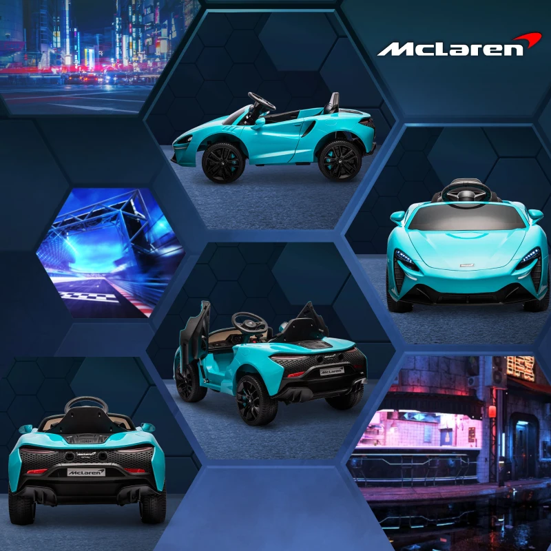 HOMCOM Coche Eléctrico 12V para Niños Mclaren con Mando a Distancia Música Bocina Faros Velocidad 2-5 km/h 126x65x52 cm Azul