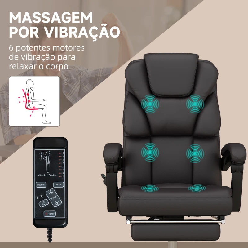 Vinsetto Cadeira de Escritório com 6 Pontos de Massagem Reclinável de PU com Controlo Remoto e Altura Ajustável 63x57x118-126 cm