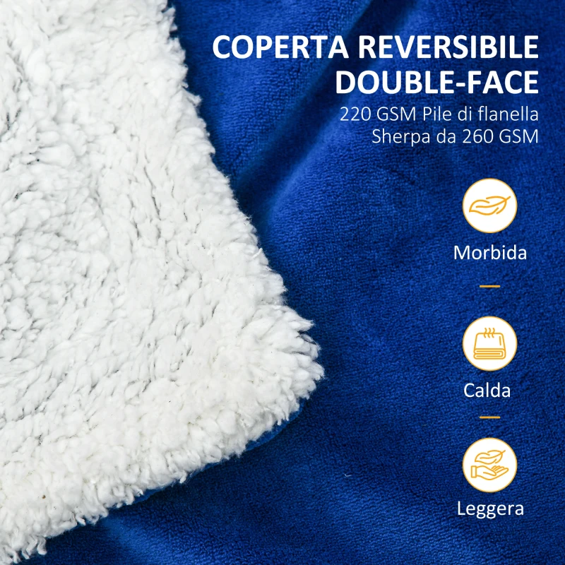 HOMCOM Coperta Double-Face in Flanella 220 GSM e Sherpa 260 GSM per Interno ed Esterno, 203x152x0.5 cm, Blu Scuro