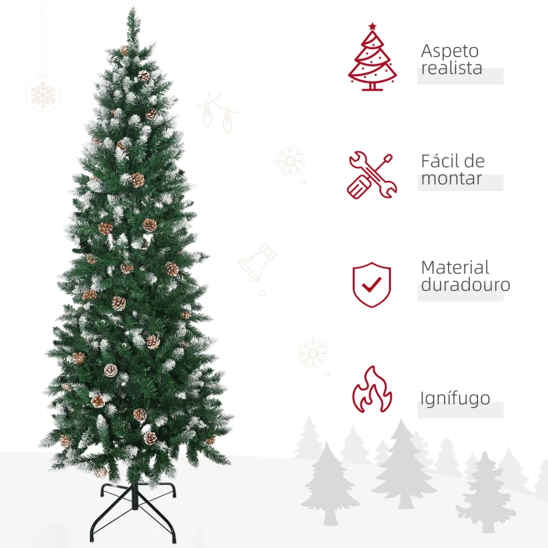 HOMCOM Árvore de Natal Artificial Nevada 180 cm com 508 Ramos 49 Pinhas Base Dobrável e Suporte de Aço Ø73x180 cm Verde e Branco