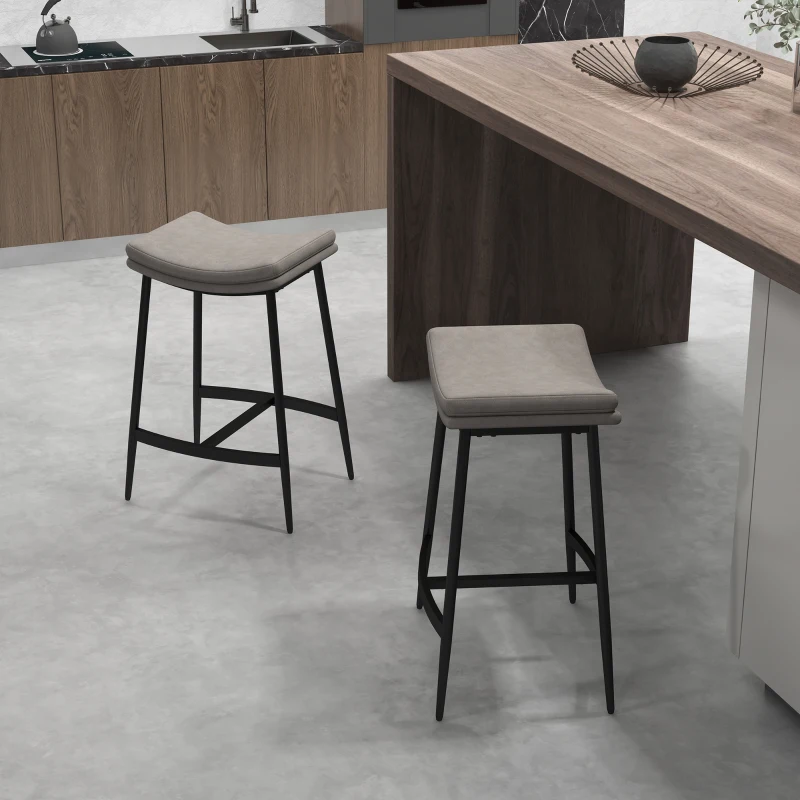HOMCOM Breakfast Bar Stools Set of 2, Microfibre Upholstered Barstools, Industrial Bar Chairs with Curved Seat and Steel Frame for Dining Room, Kitchen, Grey
