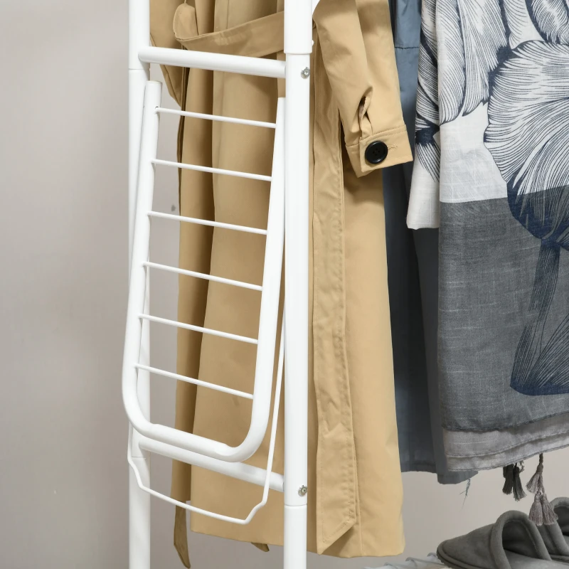 HOMCOM Charriot de Roupa com Rodas com 2 Laterais Dobáveis 2 Trilhos e 2 Prateleiras de Armazenamento 153x43,7x171 cm Branco