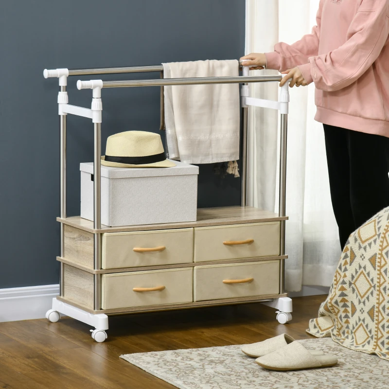 HOMCOM Charriot de Roupa com Rodas Altura Ajustável Barras Extensíveis e 4 Gavetas de Tecido  88-148x42x93-160 cm Bege