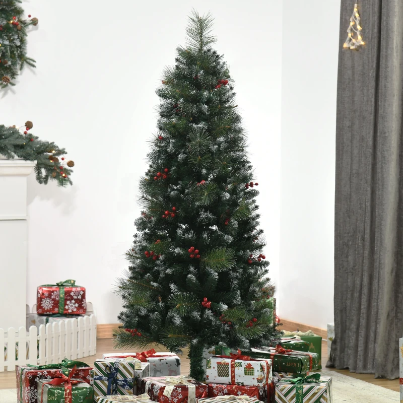 HOMCOM Árvore de Natal Artificial 150cm Ignífugo com 360 Ramos 38 Bagas Folhas de PVC Base Dobrável e Suporte Metálico Verde