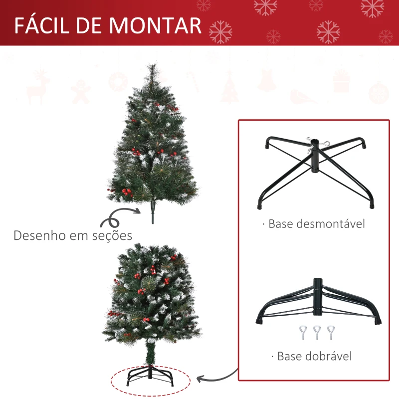 HOMCOM Árvore de Natal Artificial 150cm Ignífugo com 360 Ramos 38 Bagas Folhas de PVC Base Dobrável e Suporte Metálico Verde