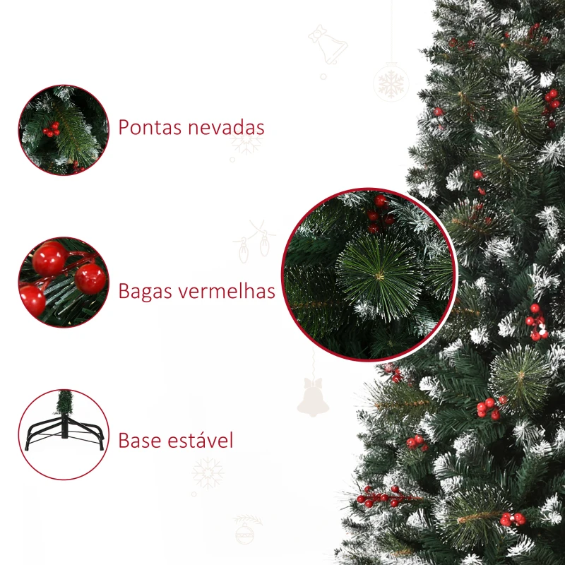 HOMCOM Árvore de Natal Artificial 150cm Ignífugo com 360 Ramos 38 Bagas Folhas de PVC Base Dobrável e Suporte Metálico Verde