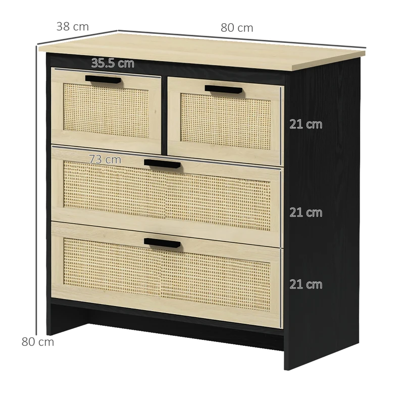 HOMCOM Cassettiera 4 Cassetti in Truciolato e Rattan per Soggiorno e Camera da Letto, 80x38x80 cm