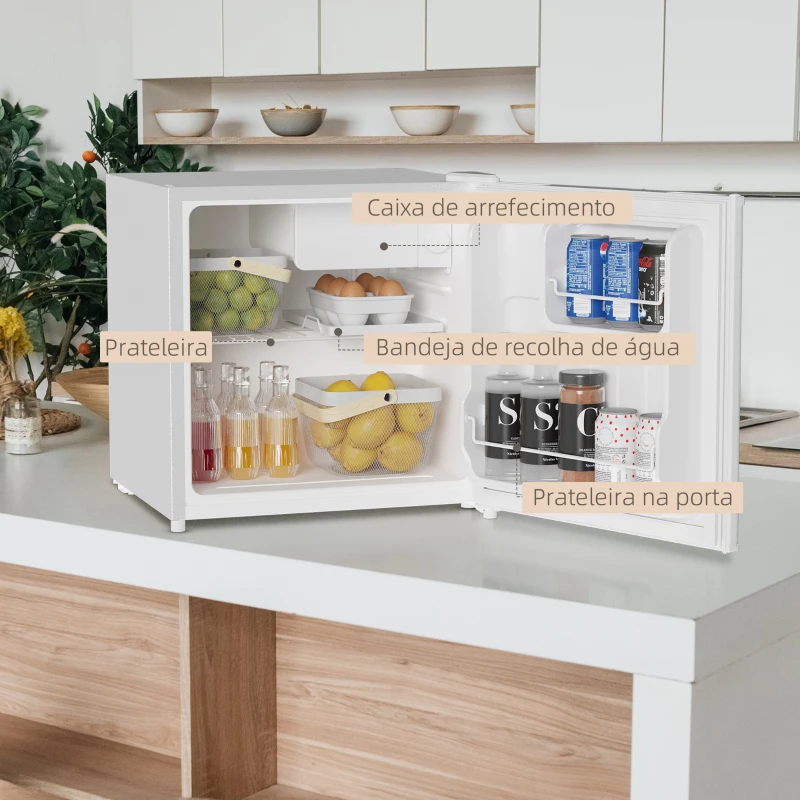 HOMCOM Mini Frigorífico Silencioso 46L Classe F com Temperatura Ajustável e Porta Reversível 48x44x49 cm Branco