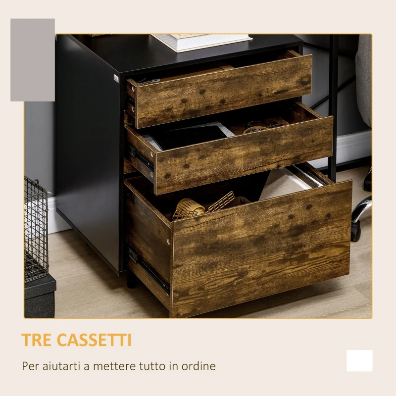 HOMCOM Cassettiera con 3 Cassetti in Truciolato dallo Stile rustico, 60x45x75cm, Marrone e nero