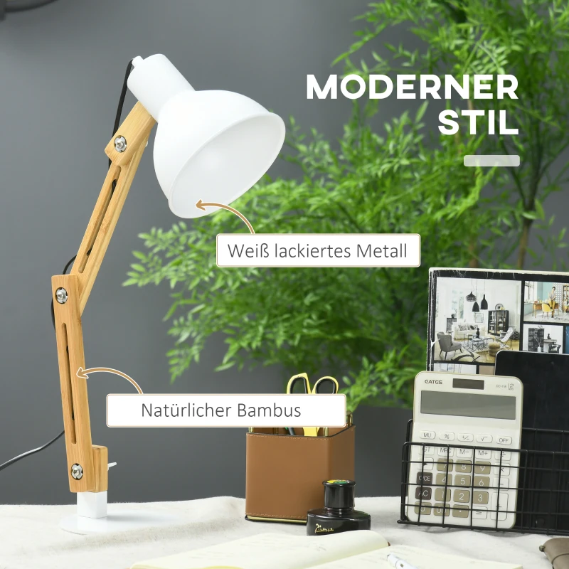 HOMCOM Bureaulamp in vintage design, bamboe, verstelbare zwenkarm, wit + natuurlijk.