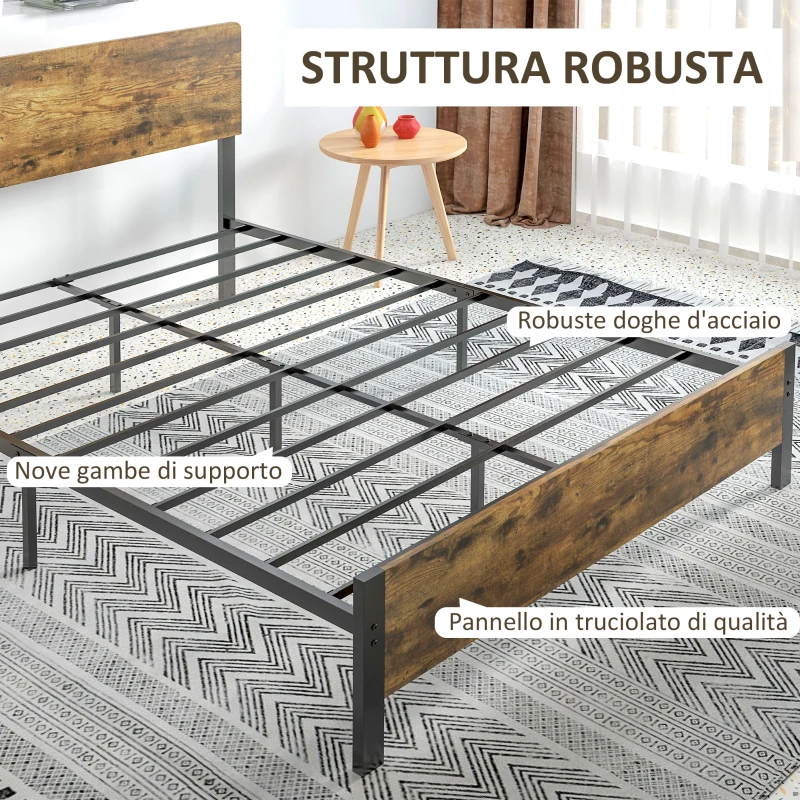 HOMCOM Struttura Letto in Truciolato con Testiera e Pediera, Supporto a Doghe e Contenitore, 149x207x104cm, Marrone