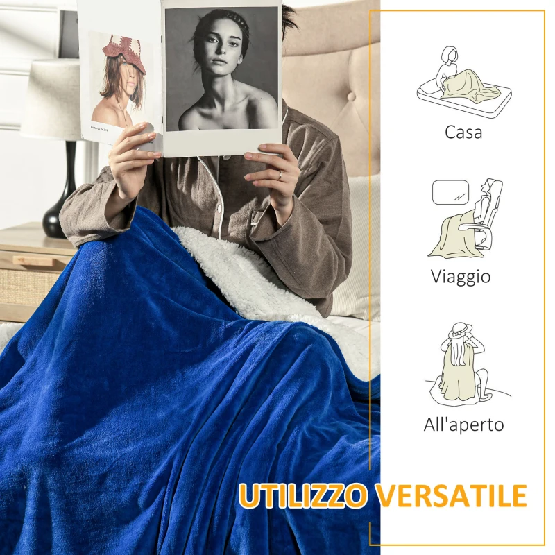 HOMCOM Coperta Double-Face in Flanella 220 GSM e Sherpa 260 GSM per Interno ed Esterno, 203x152x0.5 cm, Blu Scuro