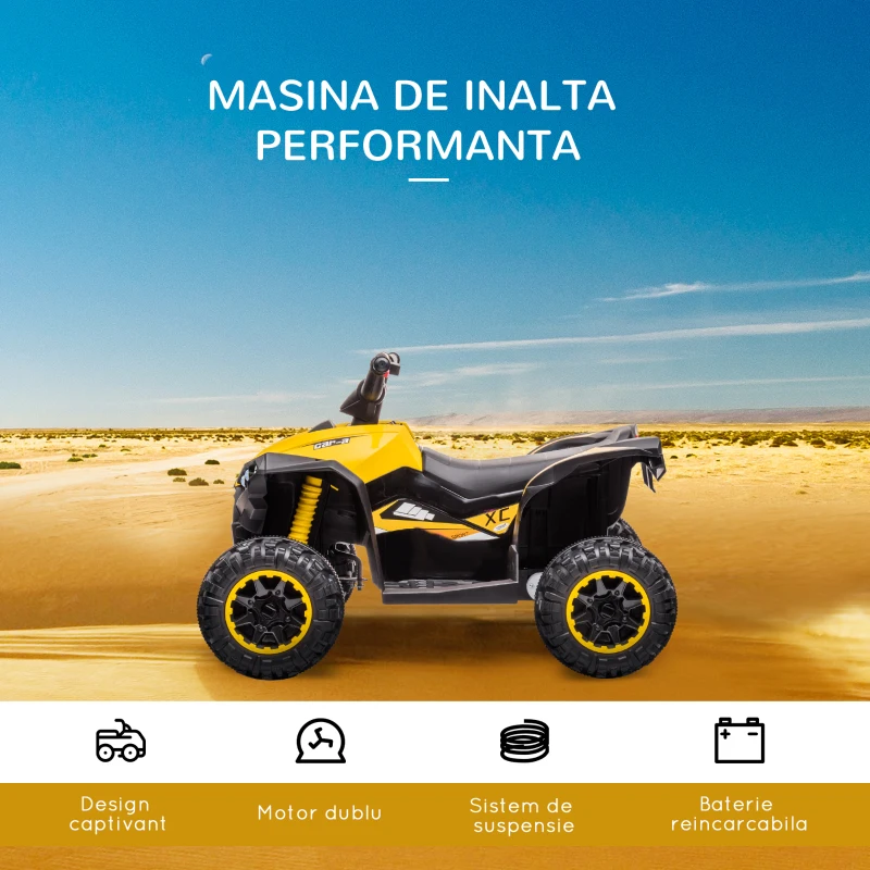 HOMCOM ATV 12V pentru copii cu cauciucuri late, masina, faruri LED, claxon, muzica, pentru 3-5 ani, galben(m-4)