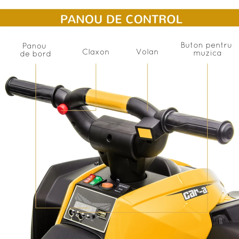 HOMCOM ATV 12V pentru copii cu cauciucuri late, masina, faruri LED, claxon, muzica, pentru 3-5 ani, galben(m-6)