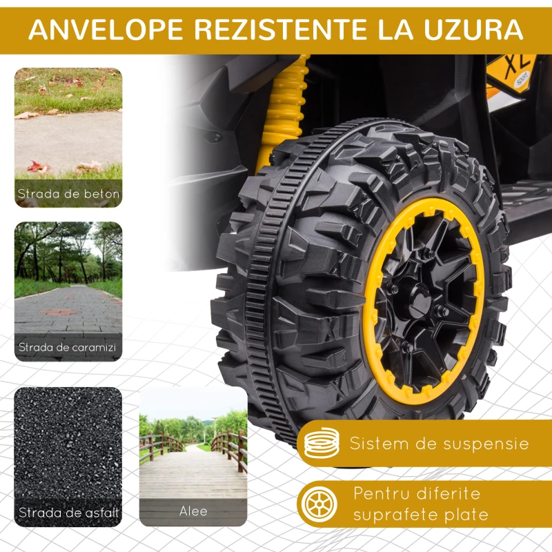 HOMCOM ATV 12V pentru copii cu cauciucuri late, masina, faruri LED, claxon, muzica, pentru 3-5 ani, galben(m-5)