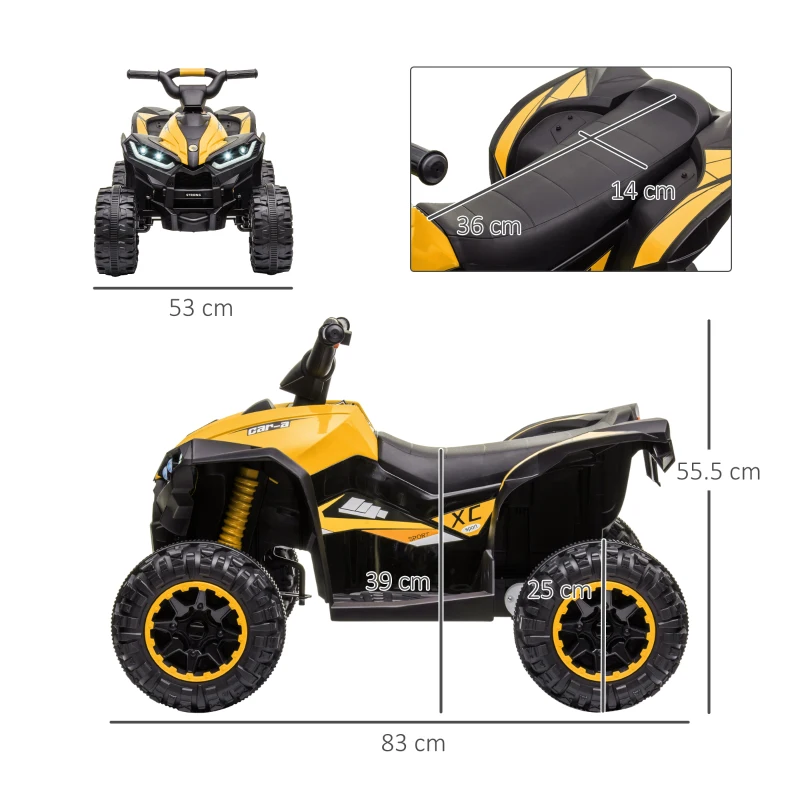 HOMCOM ATV 12V pentru copii cu cauciucuri late, masina, faruri LED, claxon, muzica, pentru 3-5 ani, galben(m-3)