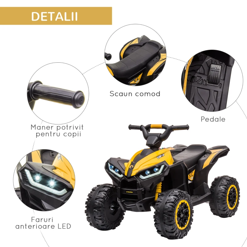 HOMCOM ATV 12V pentru copii cu cauciucuri late, masina, faruri LED, claxon, muzica, pentru 3-5 ani, galben(m-7)