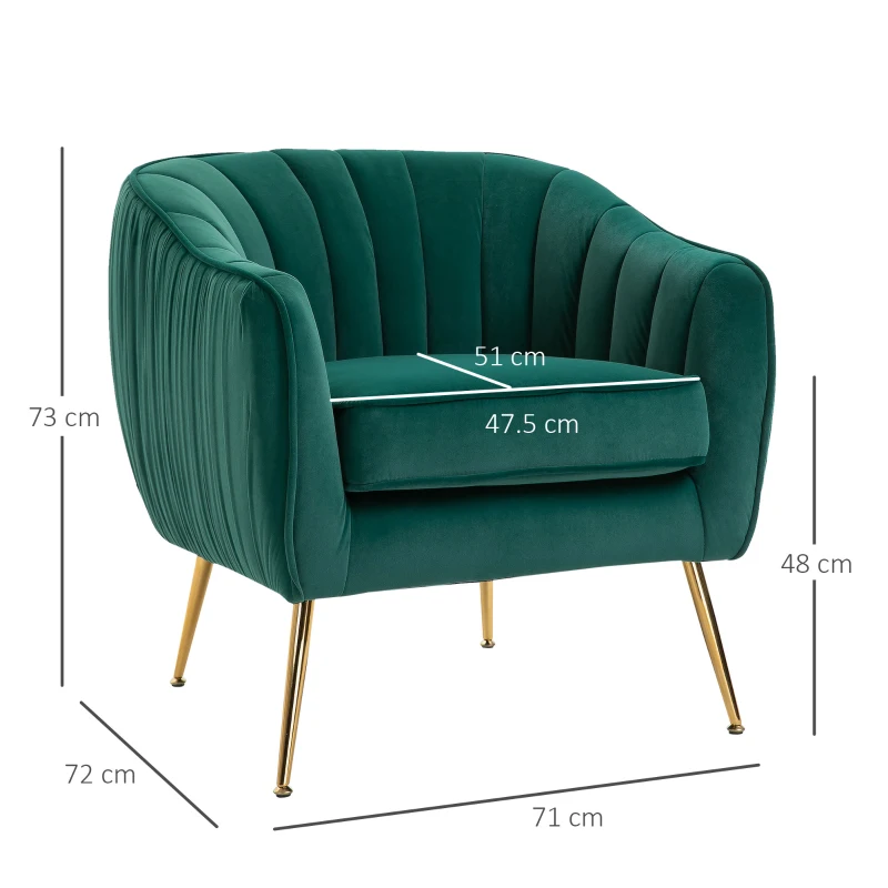HOMCOM Velvet Tub chair, Luxury Accent Chair with Golden Metal Leg, Comfy Upholstered Armchair with Thick Padded Seat for Living Room, Green