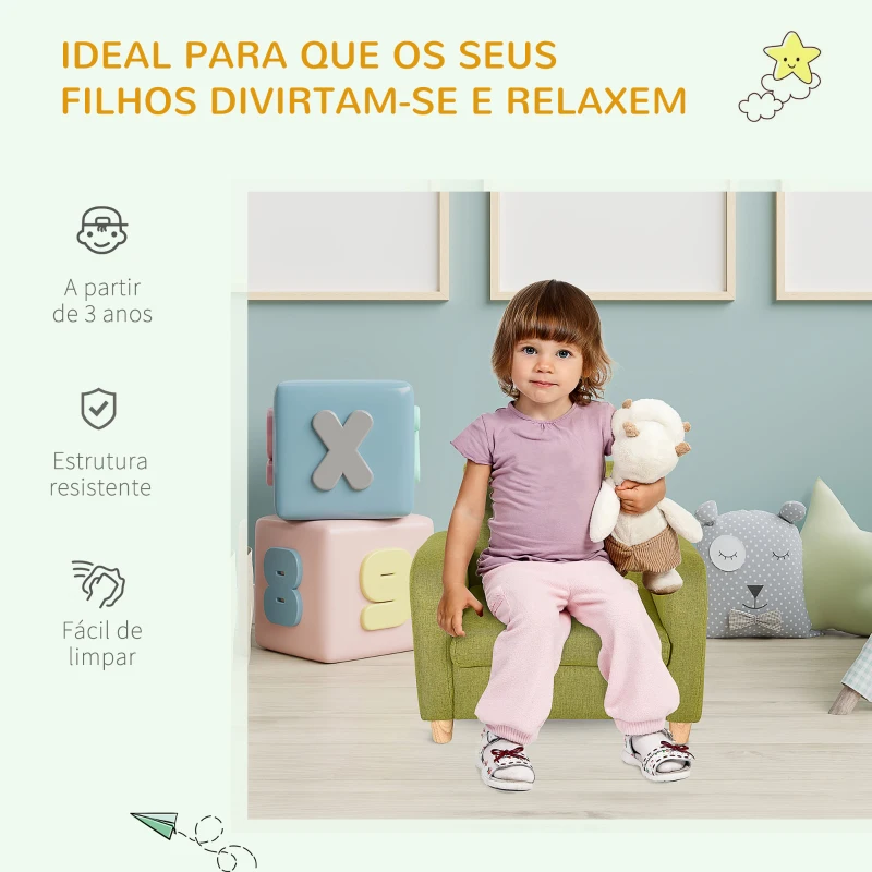 HOMCOM Sofá Infantil Mini Sofá para Crianças acima de 3 anos com Assento Acolchoado e Apoio para os Braços 49x45x44 cm Verde
