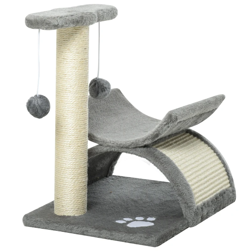 PawHut Árvore Arranhador para Gatos Pequena com Poste Giratório Bolas Suspensas Plataforma Curva e Esconderijo 40x30x43 cm Cinza