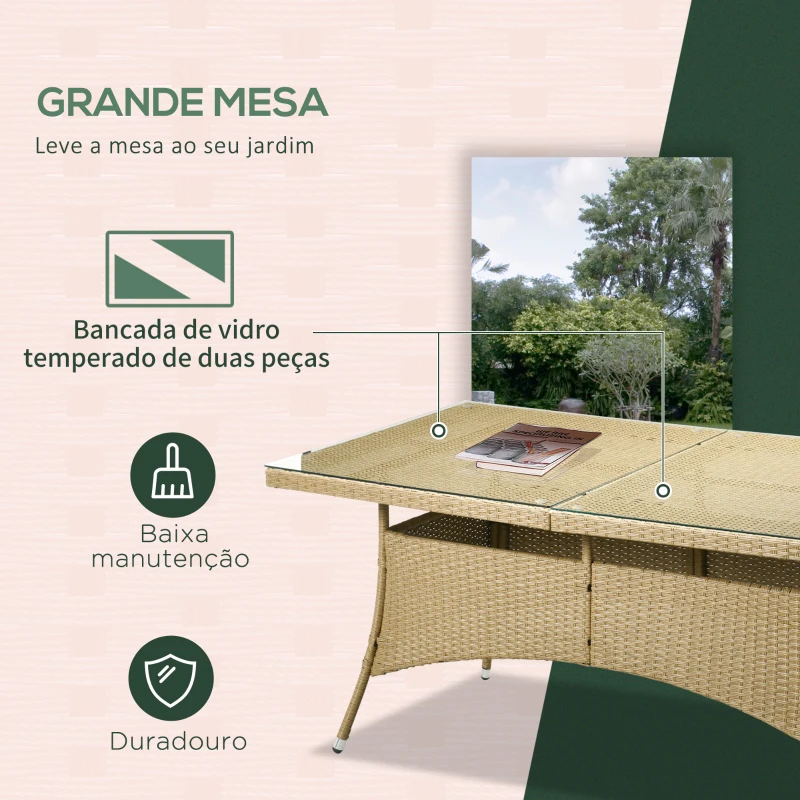 Outsunny Conjunto de Jardim Refeição de Vime PE com 7 Peças Mesa com Bancada de Vidro e 6 Cadeiras Empilháveis Areia e Bege