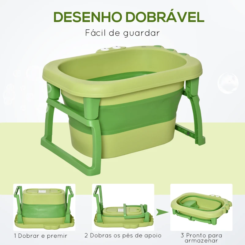 HOMCOM Banheira Dobrável para Bebé de 0-6 Anos Capacidade 105L Banheira Portátil para Crianças 75,3x55,4x43 cm Verde