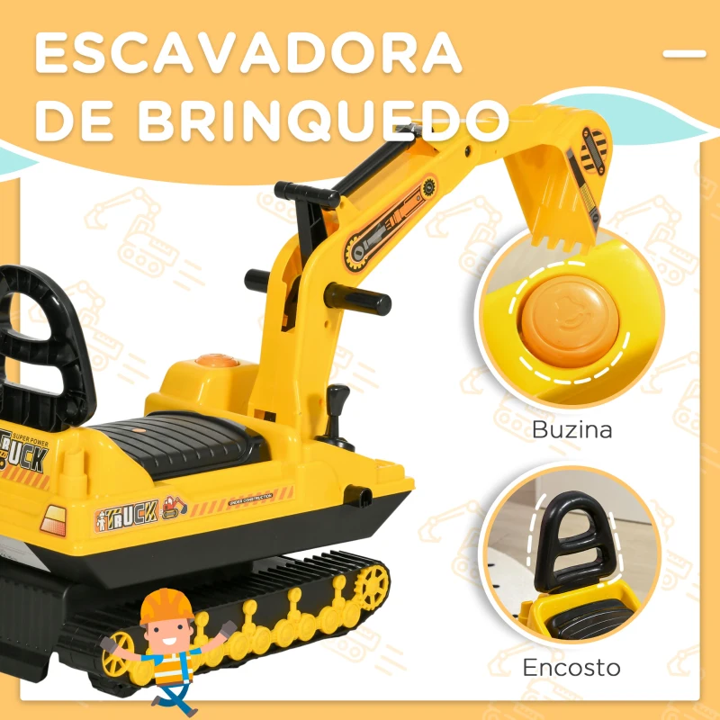 HOMCOM Escavadora sem Pedais com Braço Móvil Carro Andador com Assento de Armazenamento Pá Dianteira e Buzina 78x24x58,5 cm Amarelo