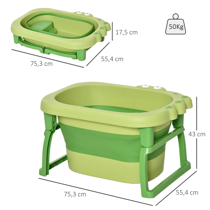 HOMCOM Banheira Dobrável para Bebé de 0-6 Anos Capacidade 105L Banheira Portátil para Crianças 75,3x55,4x43 cm Verde