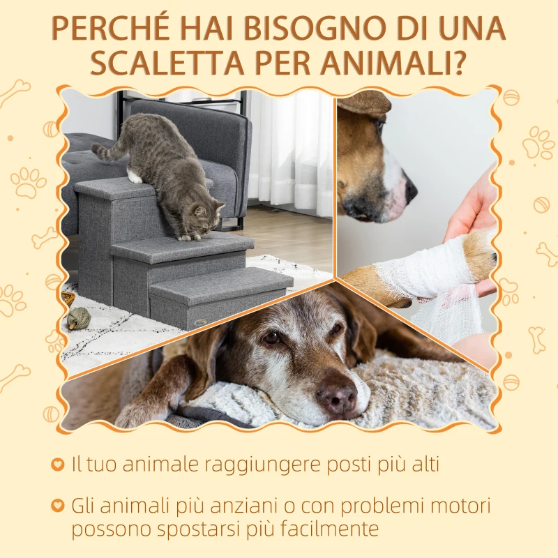 PawHut Scala per Cani e Gatti max 5kg a 3 Gradini, in Tessuto Effetto Lino e MDF, 63.5x42.5x40.5 cm, Grigio