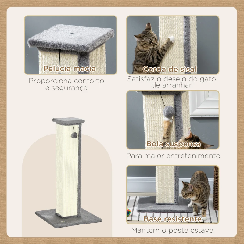 PawHut Poste Arranhador para Gatos Altura 81 cm Arranhador para Gatos com Poste de Sisal e Bola Suspensa 41x41x81 cm Cinza e Creme