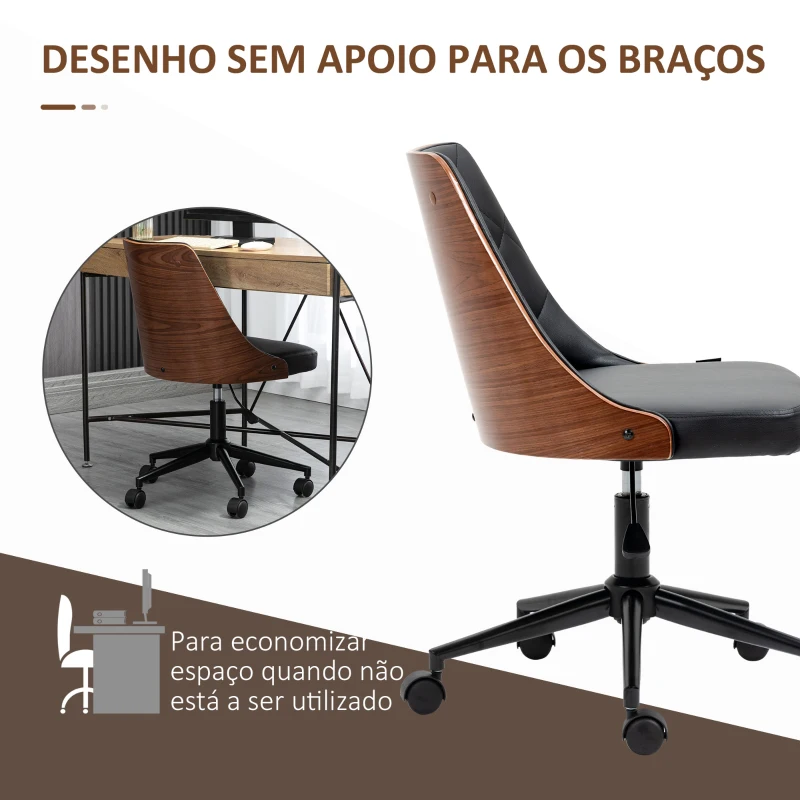 Vinsetto Cadeira de Escritório Operativa Estofada em Couro PU com Altura Ajustável Função Basculante 54x54,5x76-86cm Preto e Nogueira