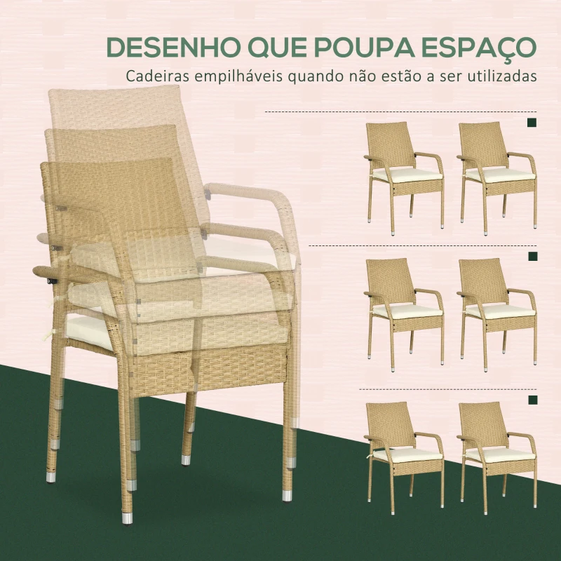 Outsunny Conjunto de Jardim Refeição de Vime PE com 7 Peças Mesa com Bancada de Vidro e 6 Cadeiras Empilháveis Areia e Bege