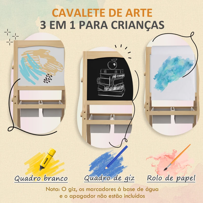 AIYAPLAY Cavalete para Crianças 3 em 1 com Quadro preto e Quadro Branco para Desenhos com Rolo de Papel 58x50,5x109 cm Madeira