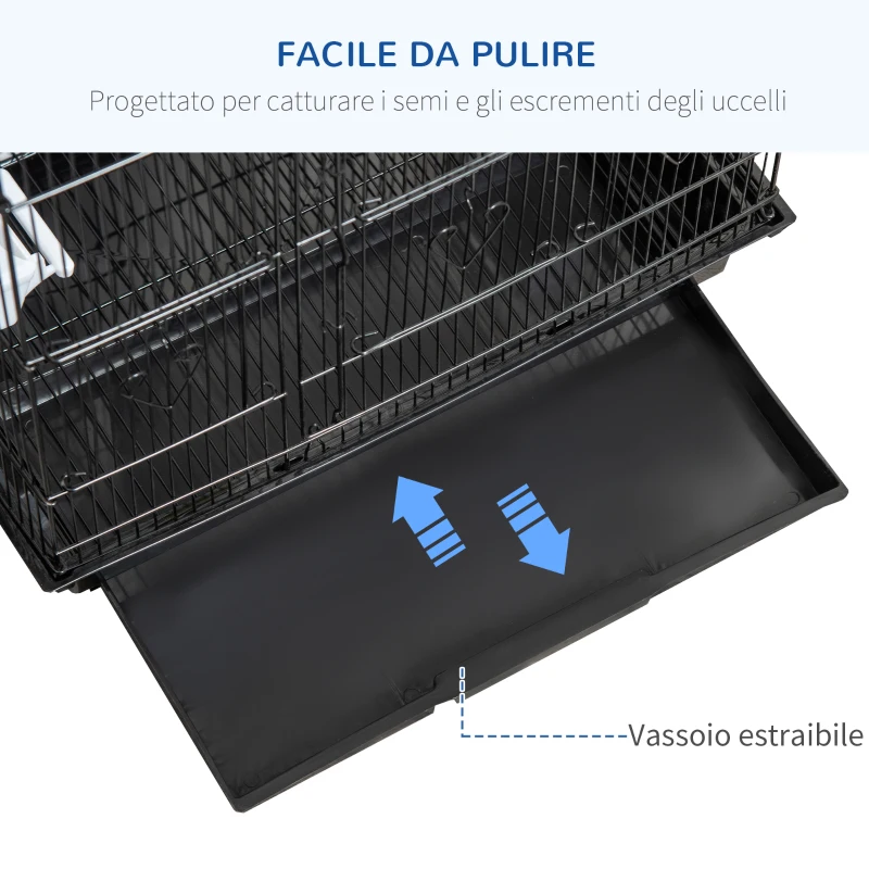 PawHut Gabbia per Uccelli in Metallo e Plastica con Trespoli, Altalena e Ciotole, 46.5x35.5x92 cm, Nero
