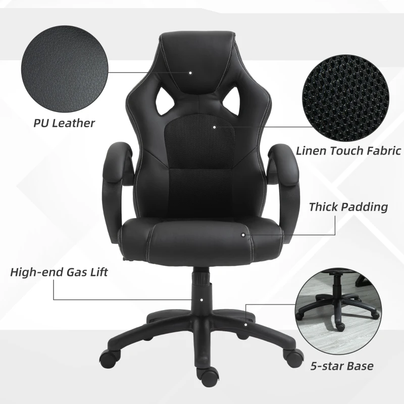 Vinsetto High-Back Gaming Chair with 360-degree Swivel & Wheels, Faux Leather Computer Racing Gamer Desk Chair for Home Office, Black
